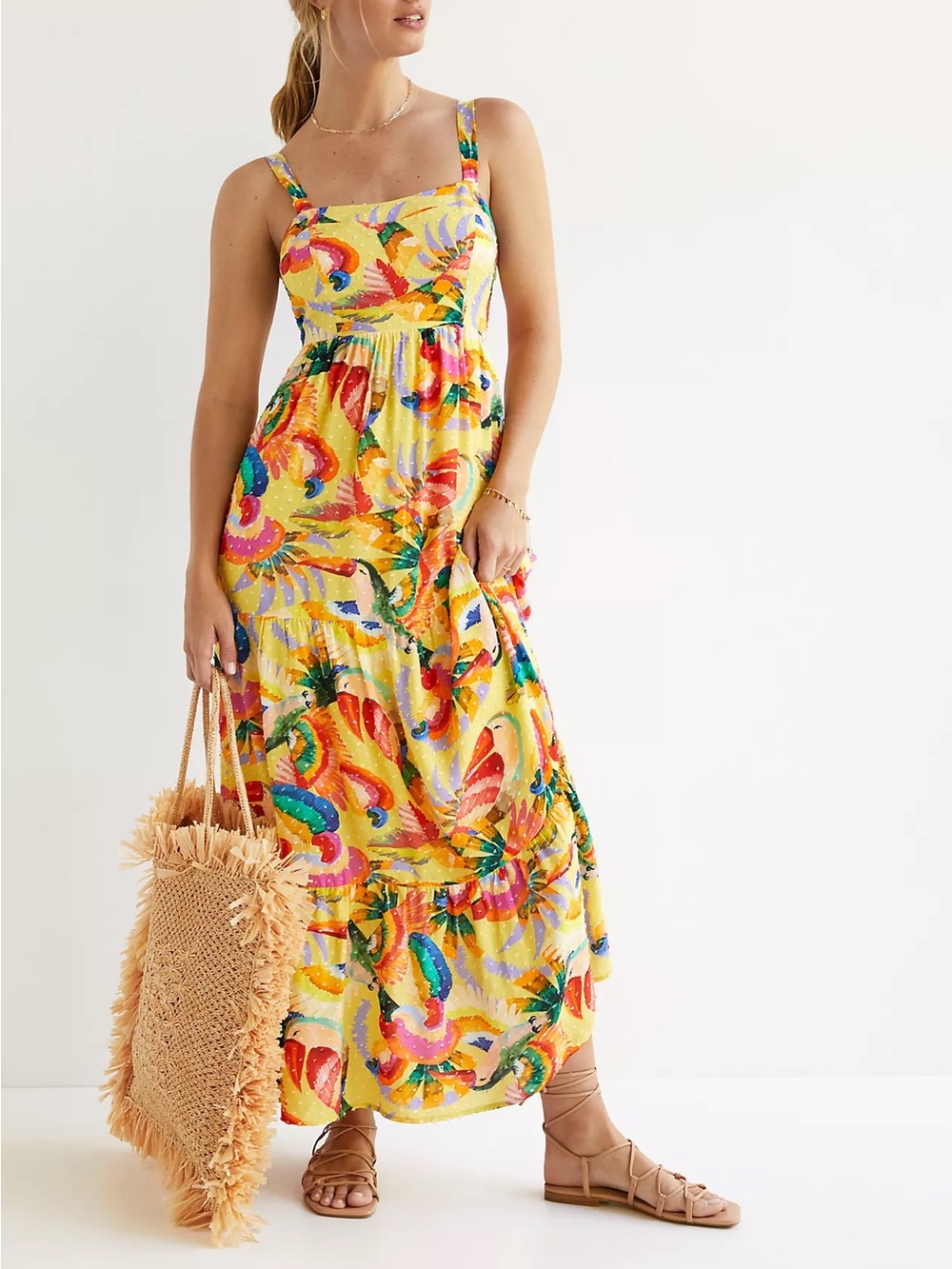 Farm Rio Anthropologie Textured Tropical Maxi Dress in Yellow